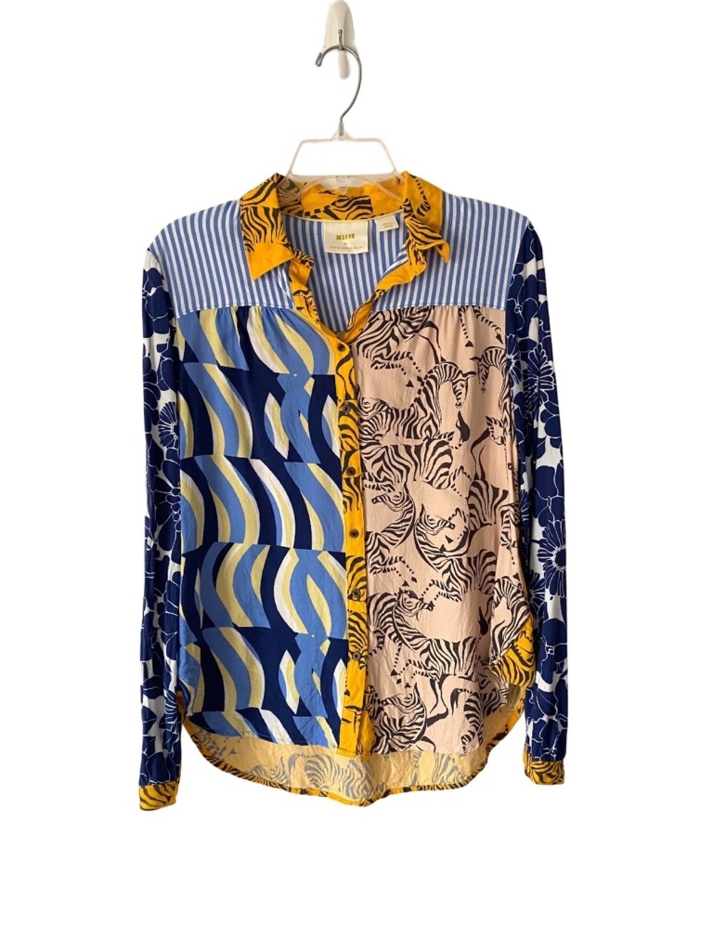 Maeve Anthropologie The Paz Button Down Patchwork Zebra Print Blue Yellow Shirt - Picture 5 of 10